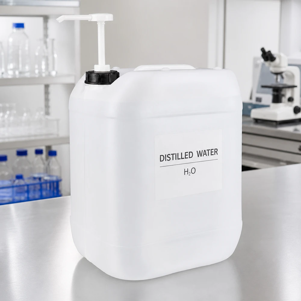 Kanister 20 Liter mit Dosierpumpe Transparenter HDPE Kanister 20 Liter mit Pumpspender für destilliertes Wasser im Labor