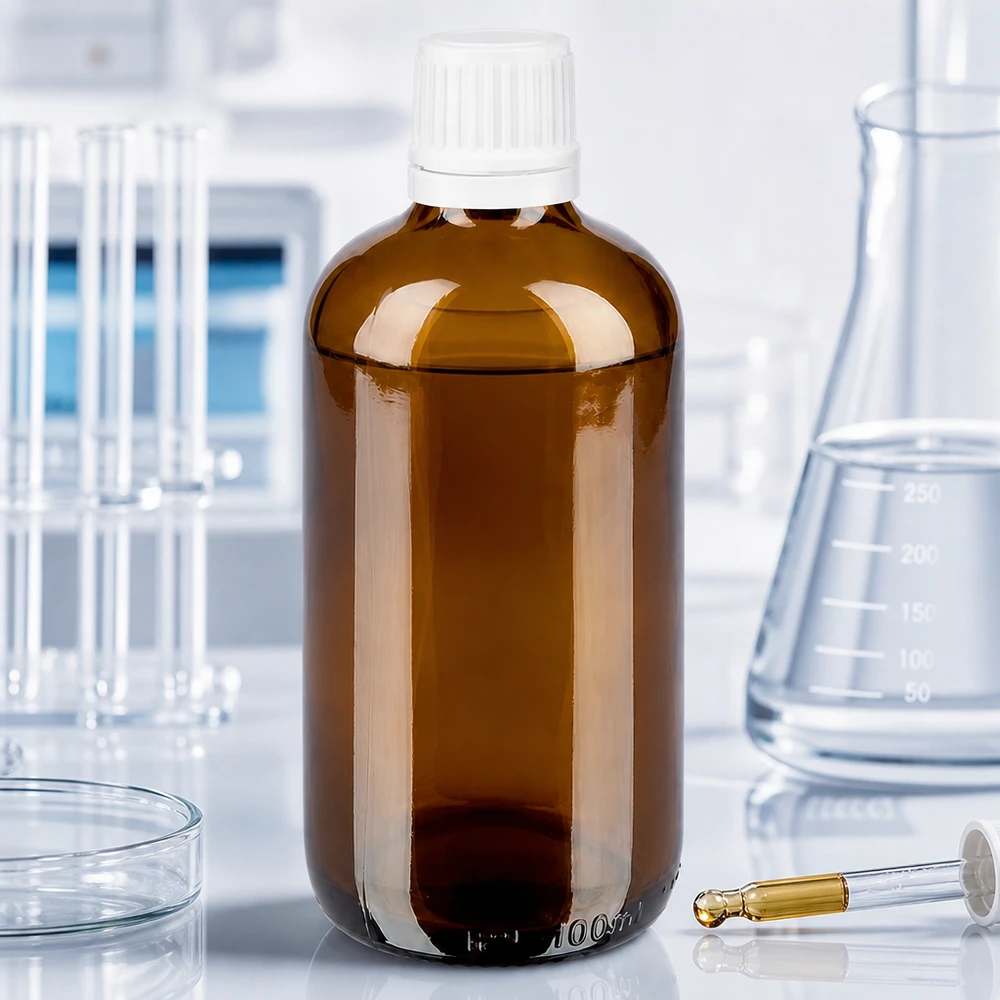 Apothekenflasche braun 100ml Schraubverschluss weiß Originalitätsverschluss Medizinflasche aus Braunglas 100ml mit weißem 11mm Verschluss auf weißer Laborfläche