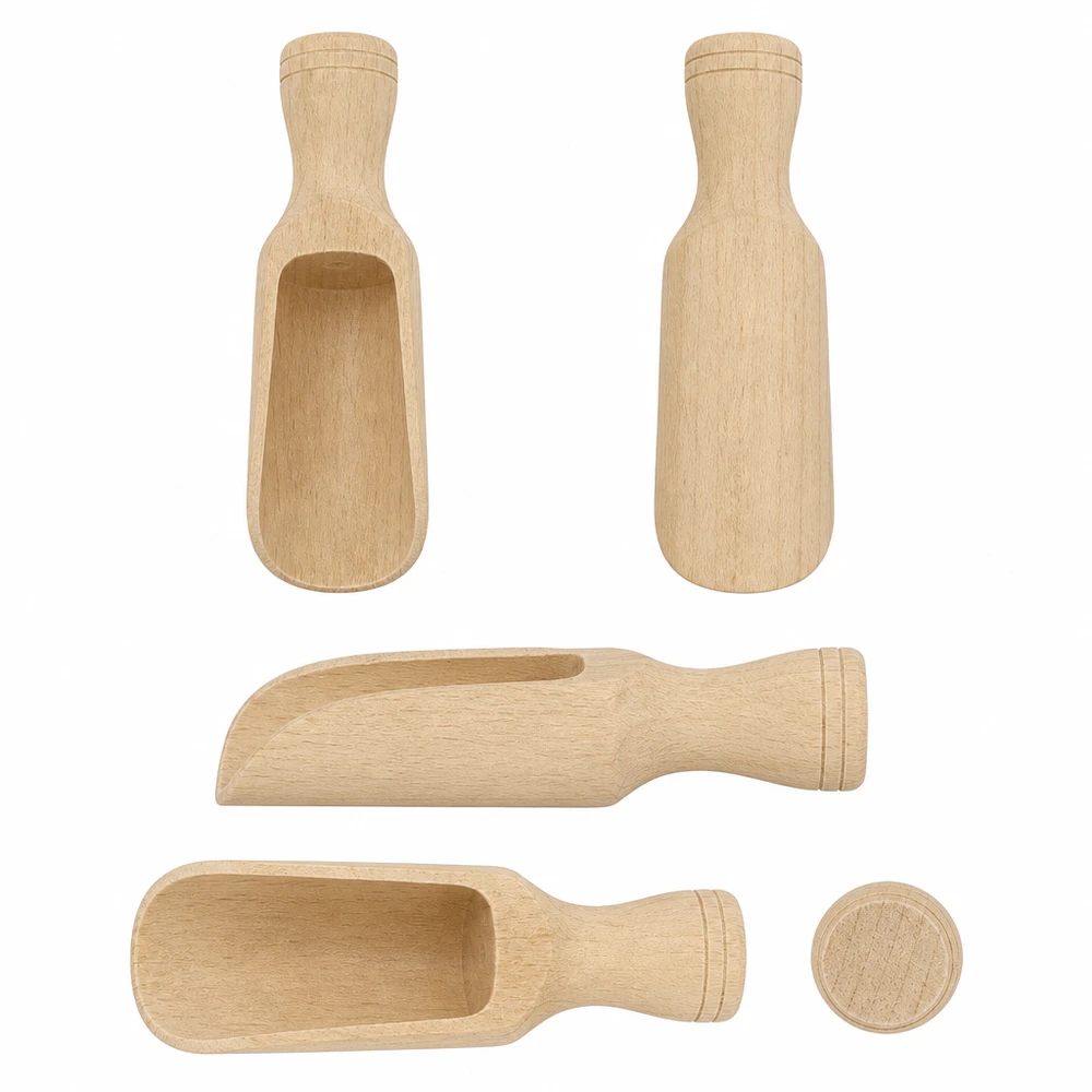 Holzschaufel Grösse S halbrunde Form - 75mm lang Holzschaufel S aus Buchenholz in verschiedenen Ansichten 360 Grad Produktübersicht handgefertigte Küchenhelfer