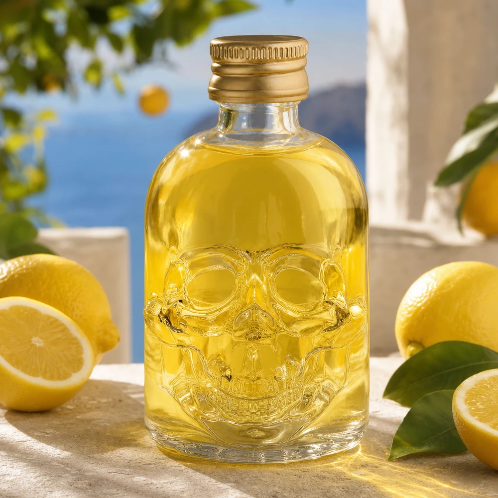 50ml Glasflasche "Hector" + Schraubverschluss gold UNiTWIST Kompakte Hector Glasflasche 50ml mit Totenkopf-Prägung und stilvollem Golddeckel für Bars