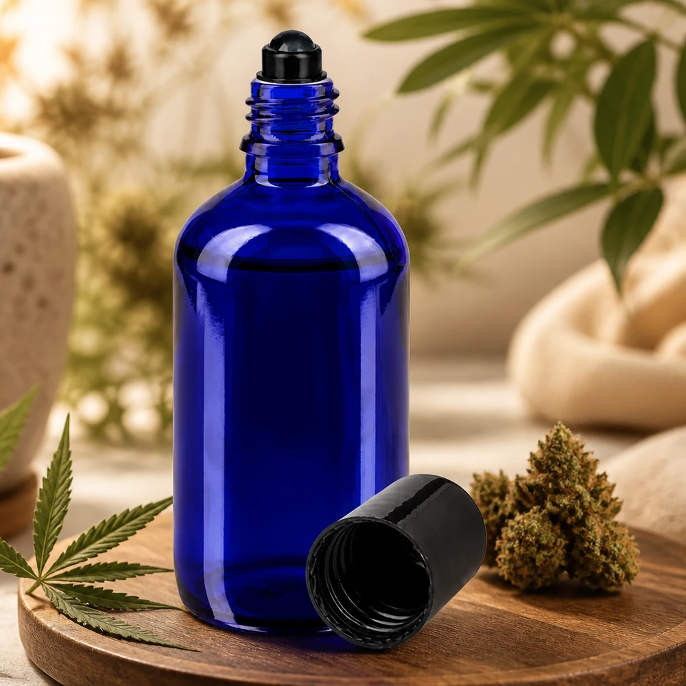 Apothekenflasche blau 100ml Roll-On Verschluss schwarz Blaues Apothekerglas 100ml mit schwarzer Rollkugel zur topischen Anwendung von Pflegeölen
