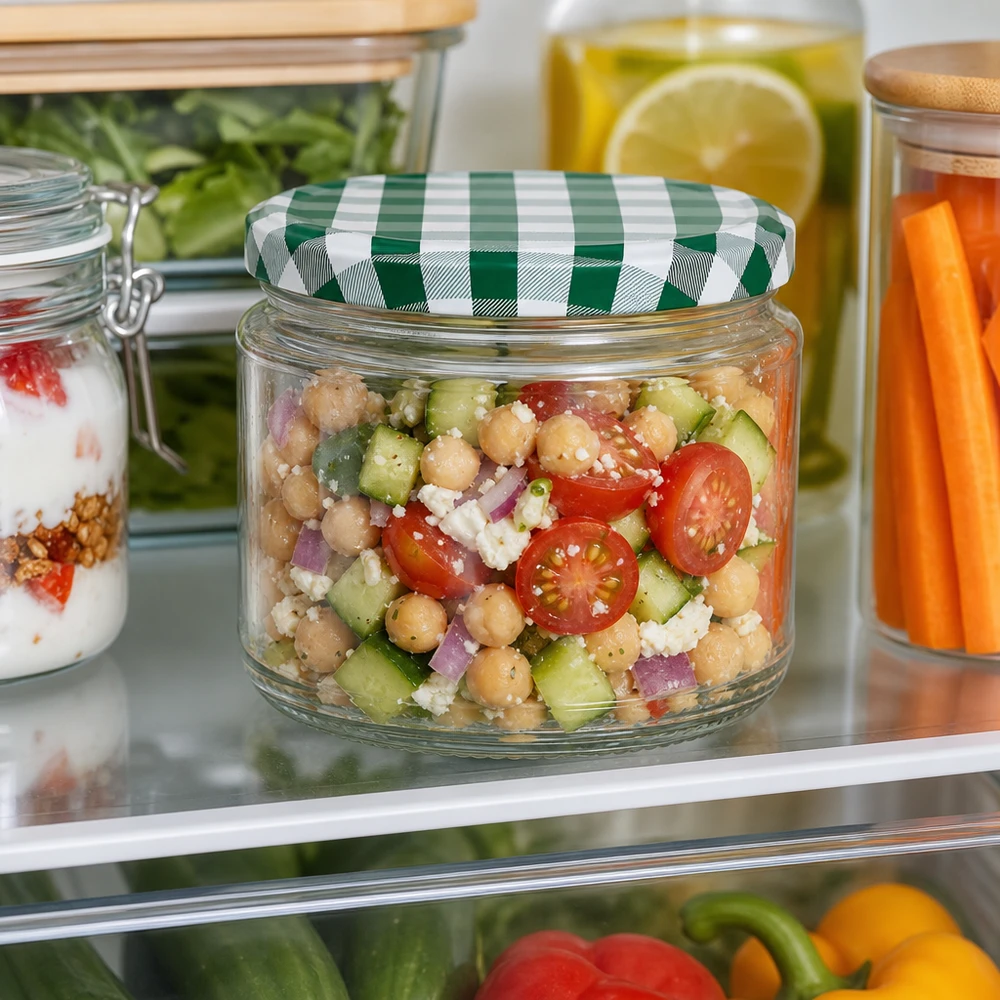 330ml Rundglas + BasicSeal Deckel grün/weiß UNiTWIST 330ml Rundglas mit Kichererbsen-Salat im Kühlschrank, grün-weißer BasicSeal Deckel, Meal Prep und Frischhaltung