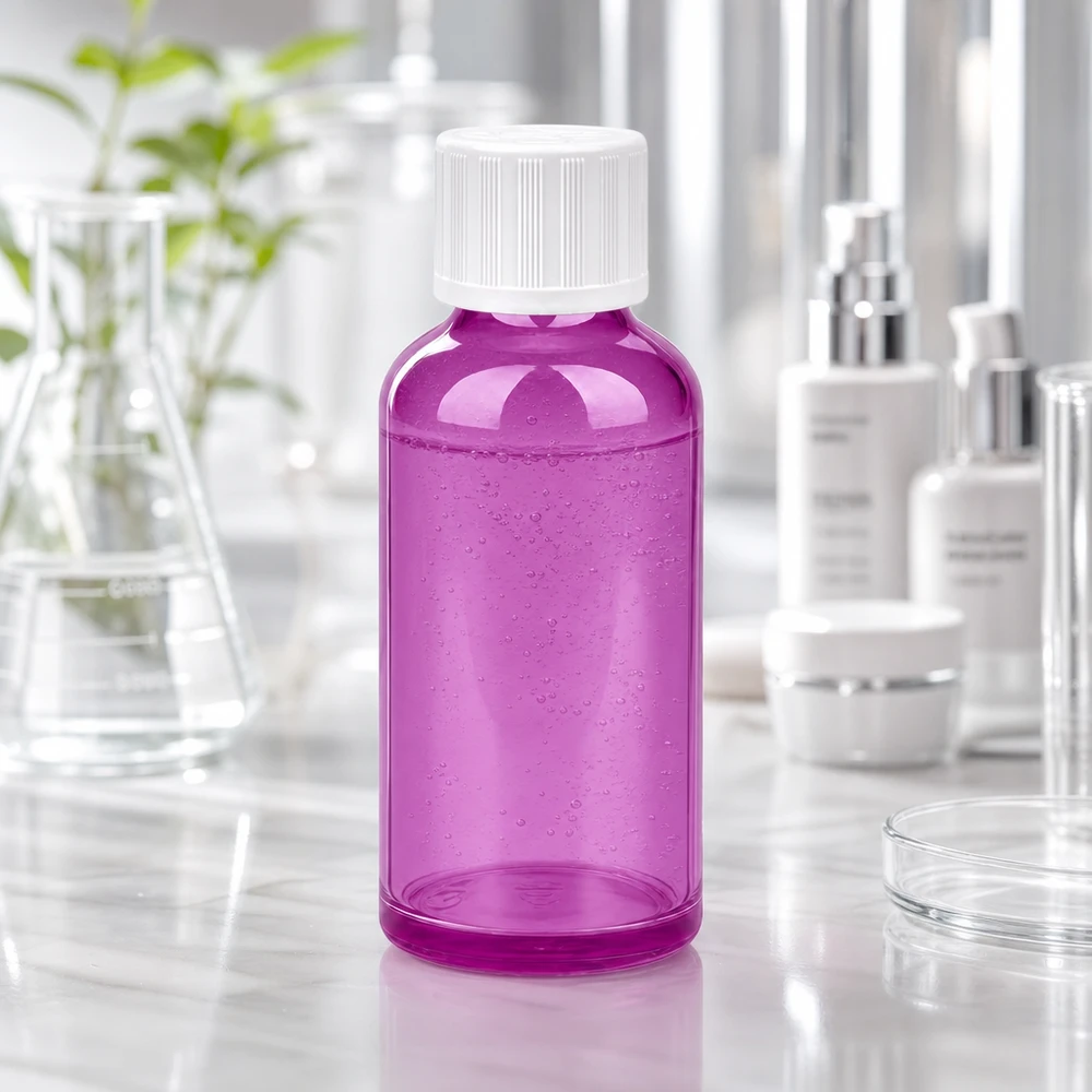Leichte 50ml Plastikflasche in Violett mit standardisiertem 18mm Gewinde für Verschluss