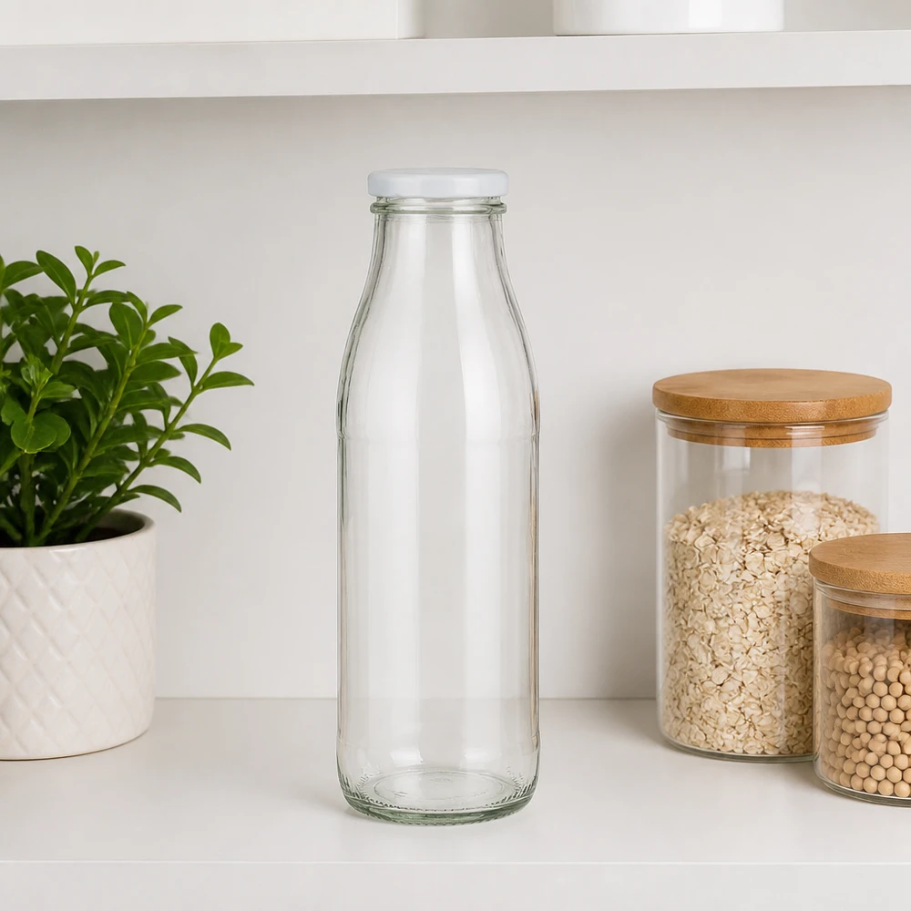 500ml Glasflasche + BasicSeal Deckel weiß UNiTWIST 500ml Glasflasche transparent mit weißem BasicSeal Deckel auf weißer Küchenarbeitsplatte neben Vorratsdosen