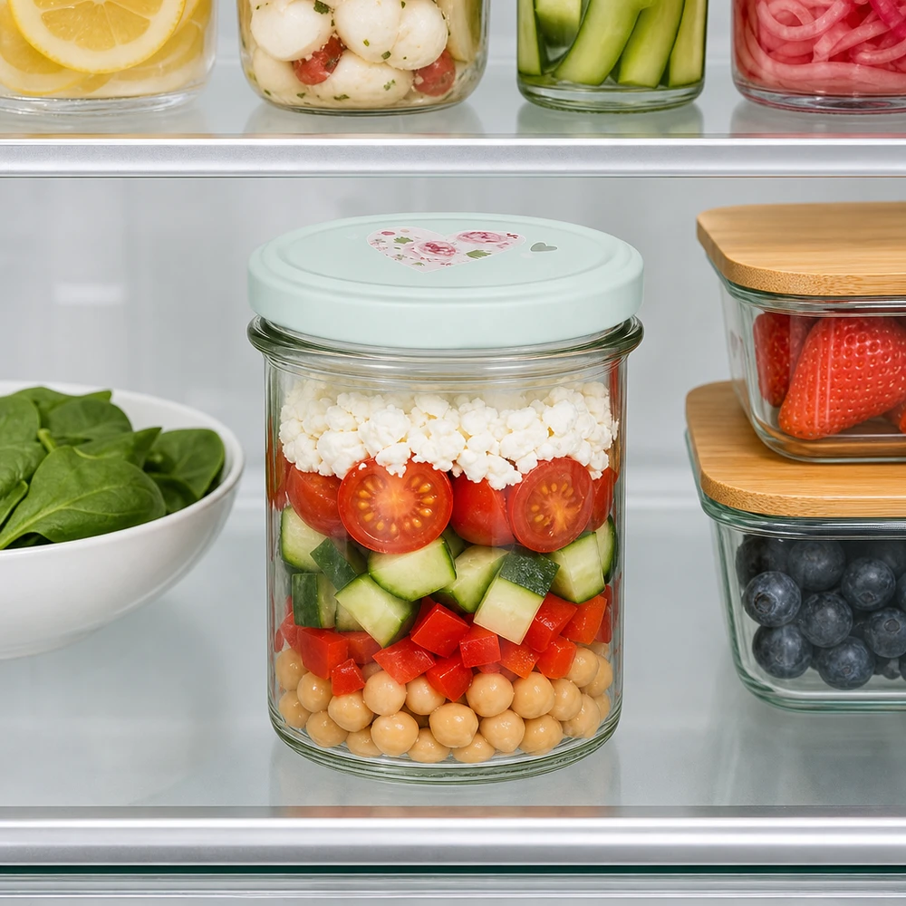 Gefülltes 350ml Sturzglas mit BasicSeal Deckel Herz mint in Kühlschrank mit Salat aus Kichererbsen Gurken Tomaten