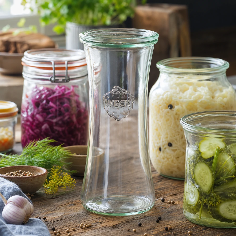 700ml Delikatessenglas mit Glasdeckel WECK RR80 WECK Delikatessenglas 700ml RR80 umgeben von selbstgemachten Fermentationsprodukten wie Sauerkraut und eingelegten Gurke