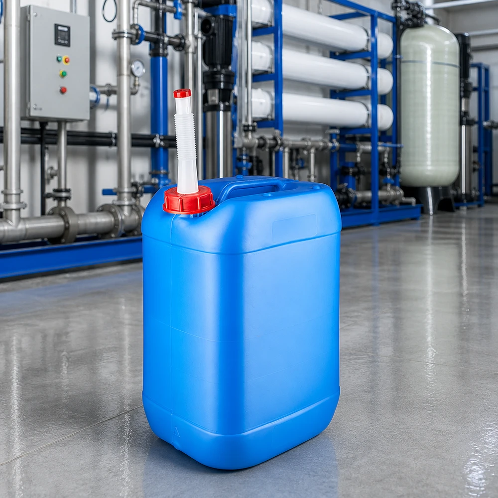 Kanister 25 Liter blau mit Auslaufrohr Flex Kompakter Industriebehälter 25 Liter blau mit Ausgießer für Wasseraufbereitung geeignet