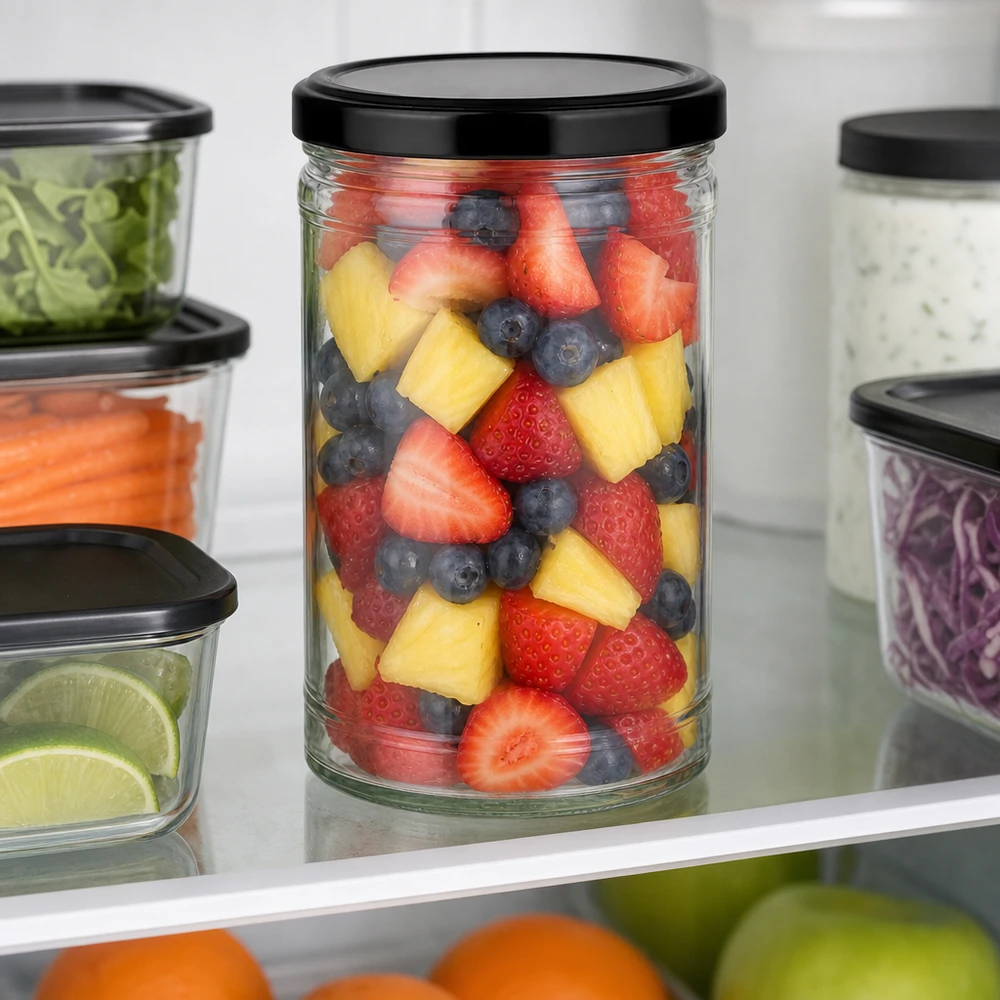 1053ml Sturzglas mit schwarzem Deckel voller Obstsalat im Kühlschrank neben anderen Vorratsgläsern mit Gemüse