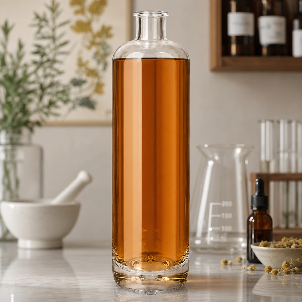 700ml Glasflasche "Eleganz" ohne Verschluss UNiTWIST® 700ml Glasflasche Ella mit bernsteinfarbener Flüssigkeit befüllt zwischen Laborglasware und getrockneten Kräutern