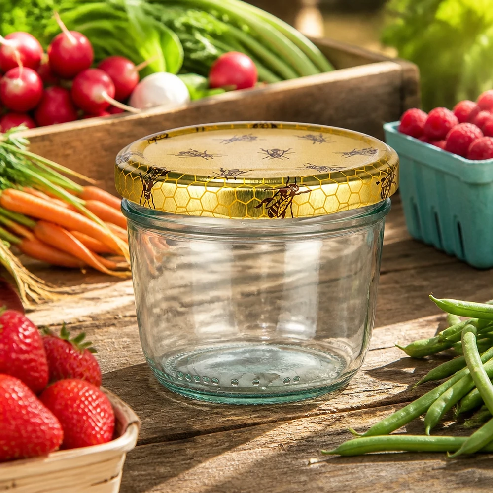 230ml Sturzglas mit Bienenwaben-Deckel umgeben von frischem Gemüse und Obst auf rustikalem Holztisch