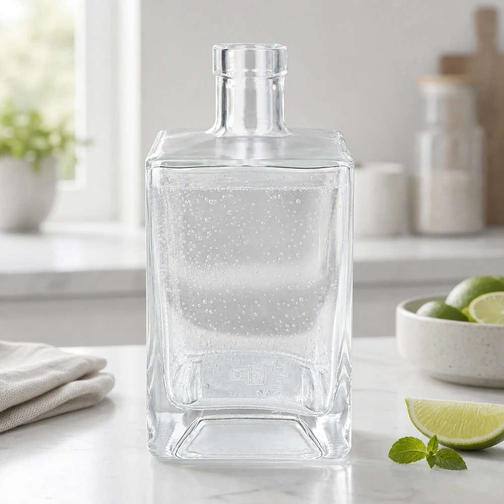 700ml Glasflasche "Gali" ohne Verschluss UNiTWIST® 700ml Glasflasche Ben mit Mineralwasser befüllt in moderner Küche neben Limetten und Minze erfrischend