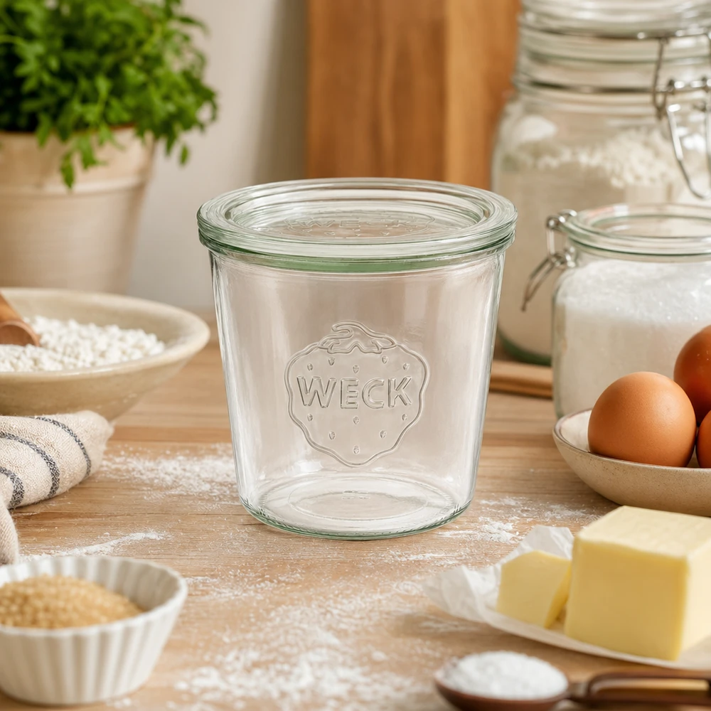 580ml Sturzglas mit Glasdeckel WECK RR100 WECK 580ml Sturzglas RR100 leer auf Holzarbeitsplatte zwischen Backzutaten wie Mehl Eiern und Butter in Küche
