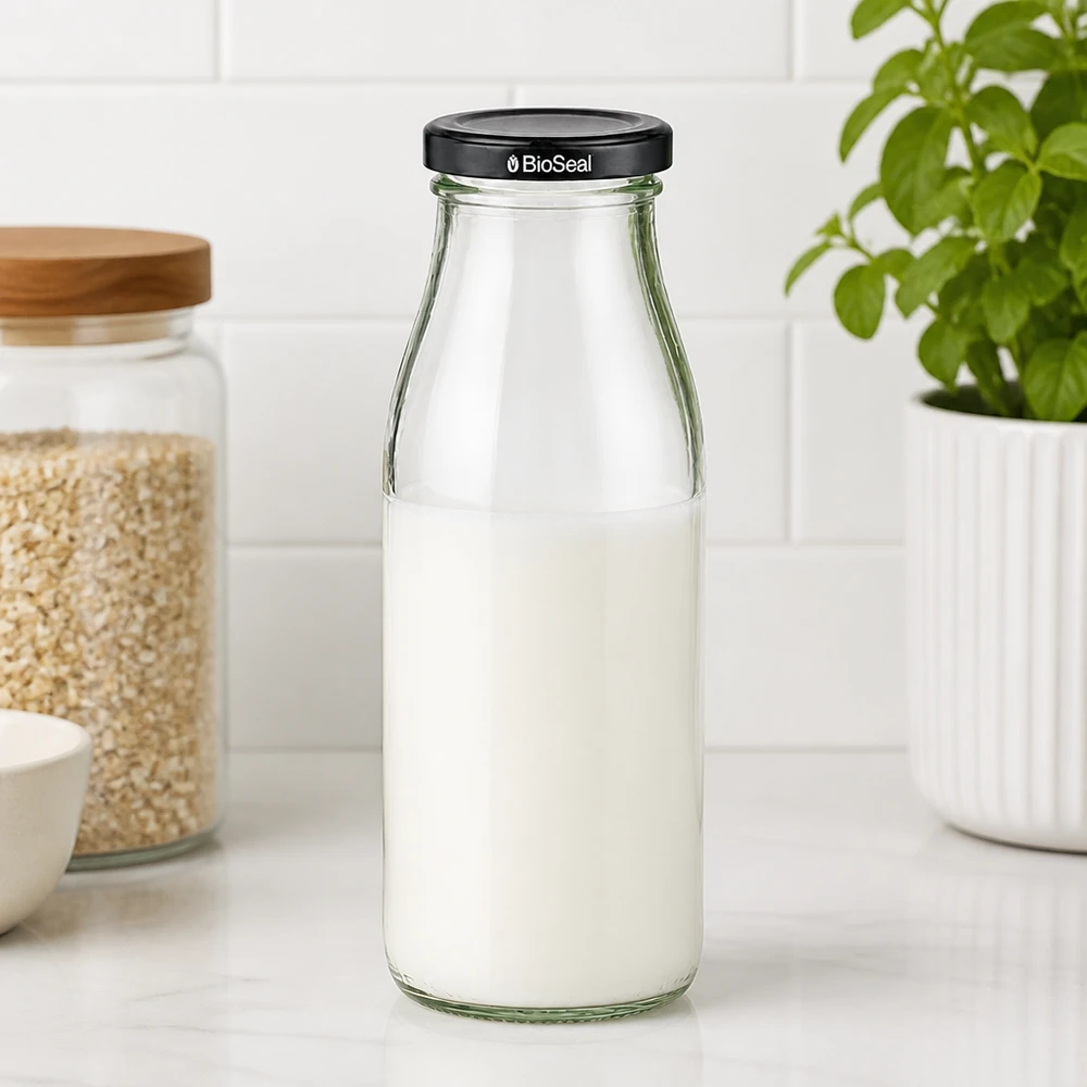 500ml Glasflasche mit Milch gefüllt und schwarzem BioSeal Deckel auf Küchenarbeitsplatte neben Vorratsgläsern