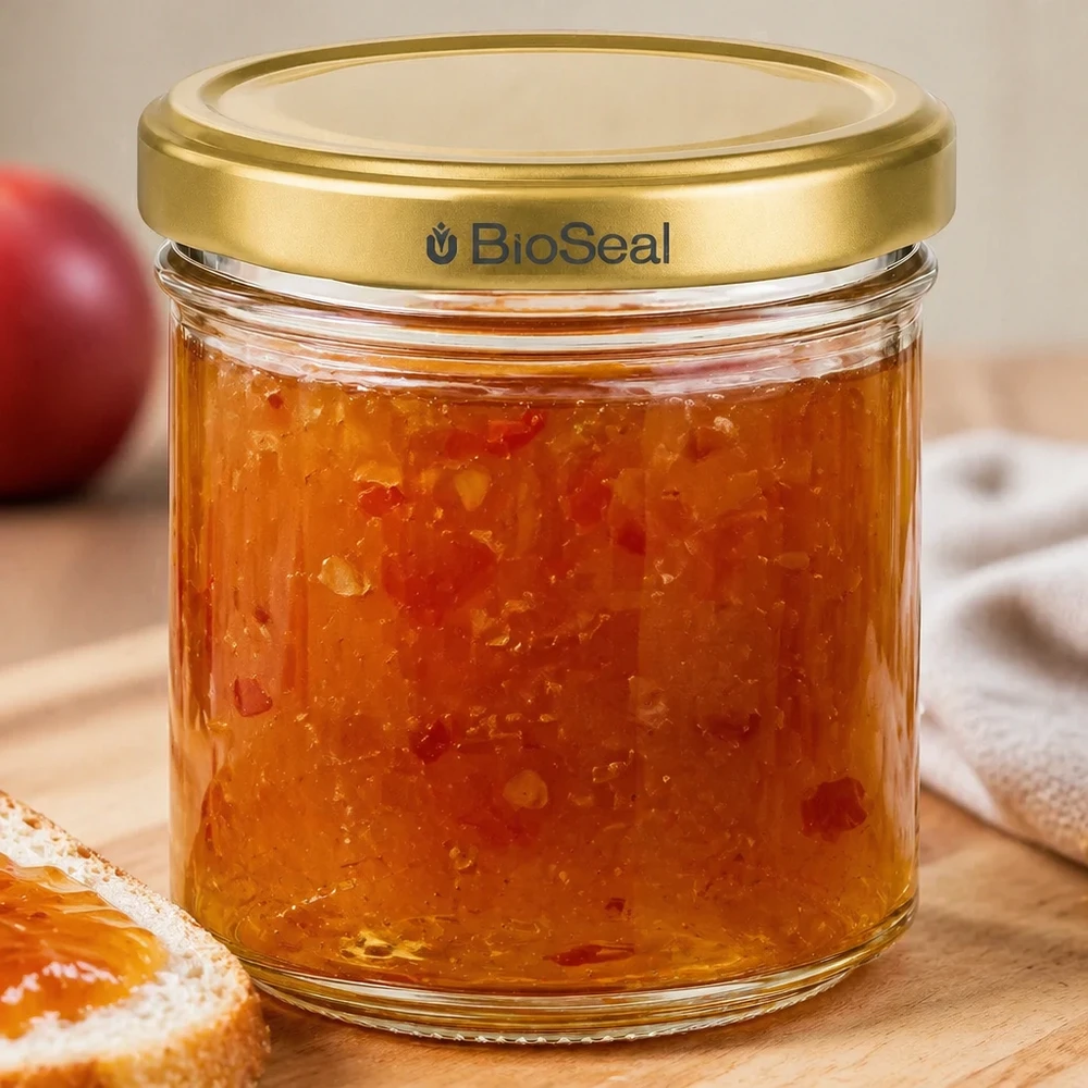 BioSeal 200g Glas mit Aprikosenmarmelade gefüllt goldener Deckel auf Holztisch mit Toast und Obst im Hintergrund