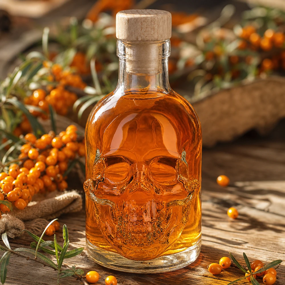 Bernsteinfarbene 200ml Glasflasche Jack mit Totenkopf-Prägung zwischen Sanddornbeeren auf rustikalem Holztisch