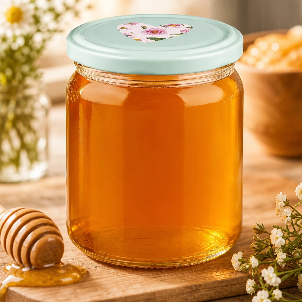 408ml Rundglas mit mint BasicSeal Herzdeckel voller goldener Honig, dekoriert mit Honiglöffel und Blüten