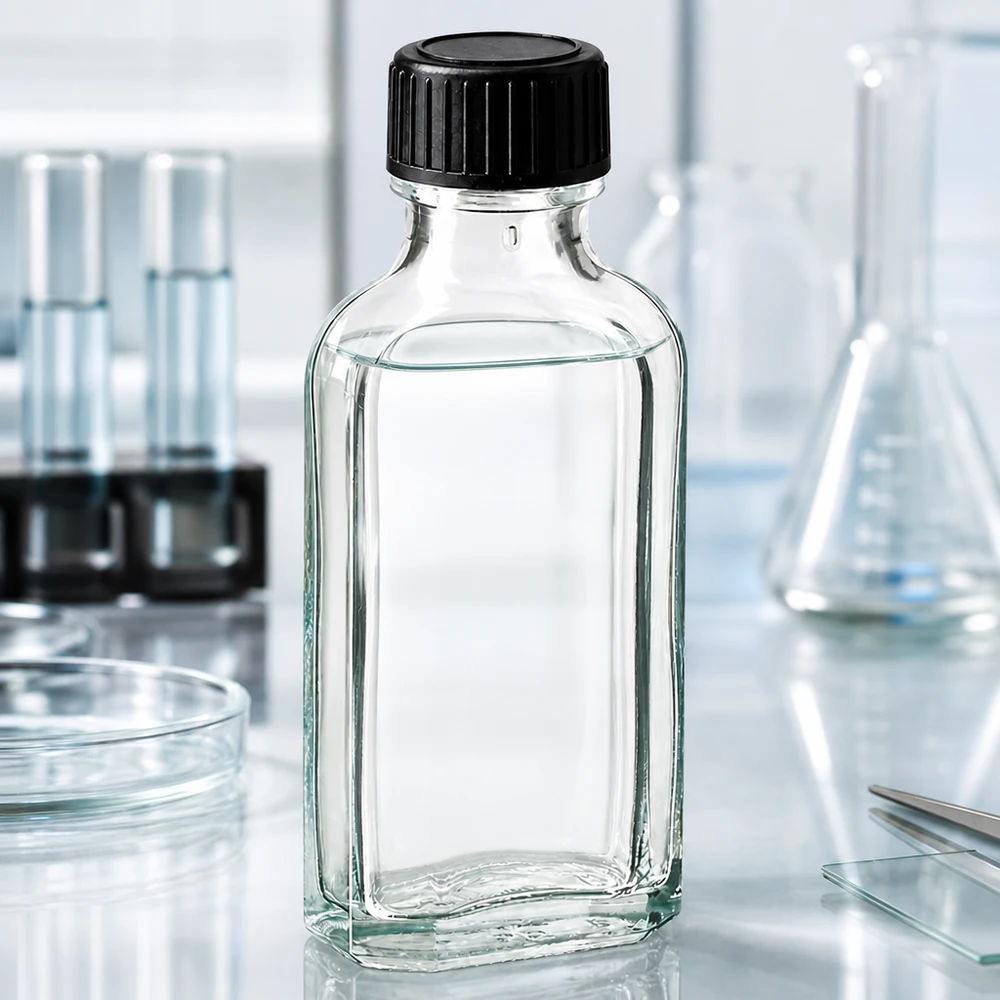 50 ml Meplat klar Schraubverschluss mit LKD-Dichtscheibe Kompakte 50ml Vierkantflasche klar mit LKD-Dichtscheibe für pharmazeutische Anwendungen