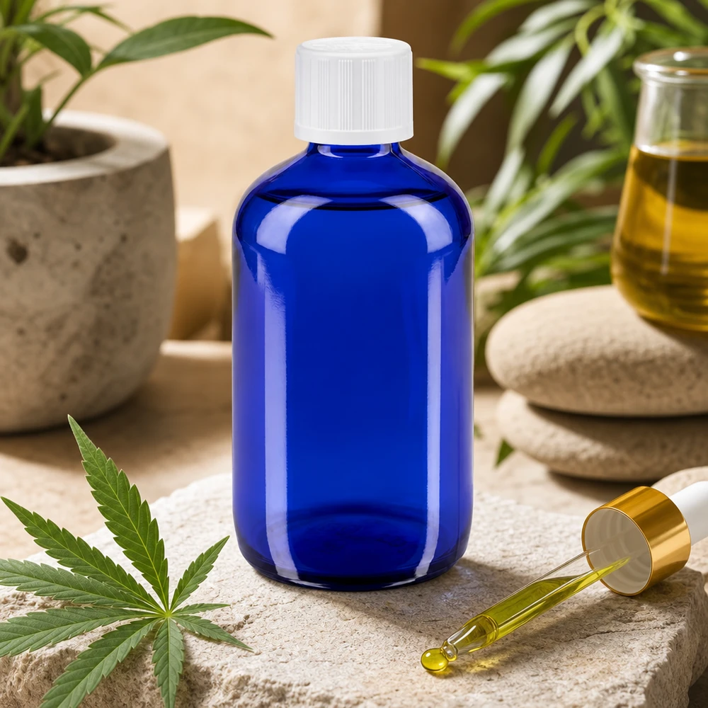 Apothekenflasche blau 100ml Tropfverschluss weiß Kindersicherung Standard Apothekerflasche 100ml in Royalblau mit 1,2mm Tropfeinsatz für ätherische Öle