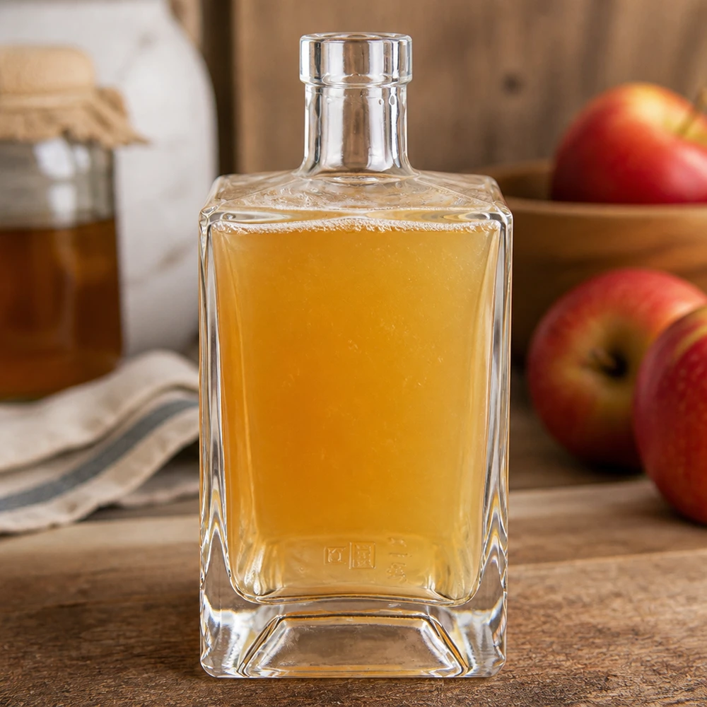 700ml Glasflasche "Gali" ohne Verschluss UNiTWIST® 700ml Glasflasche Ben mit Apfelsaft befüllt neben roten Äpfeln auf Holzbrett natürliche Küchen-Atmosphäre