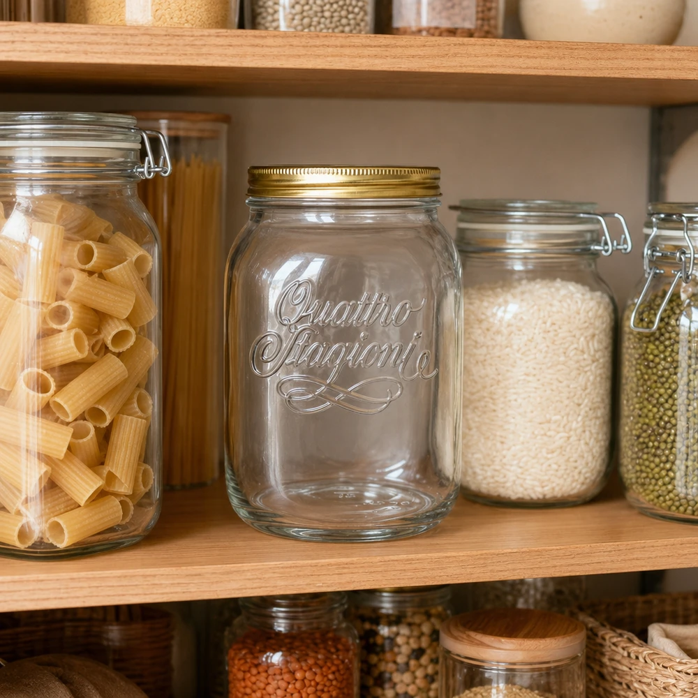 2000ml Rundglas "Quattro Stagioni" mit Deckel Quattro Stagioni 2L Vorratsglas in organisierter Küchenpantry mit Pasta und Reis - praktisches Aufbewahrungsglas