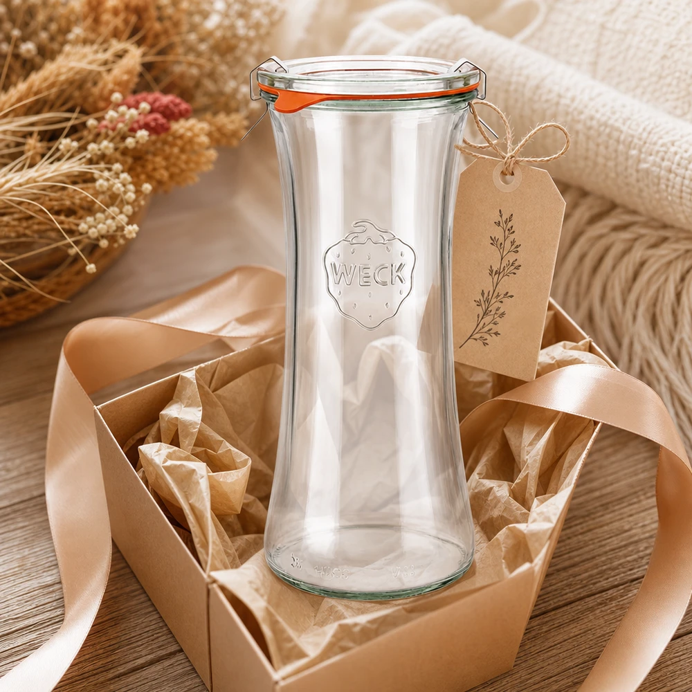 WECK Delikatessenglas 700ml RR80 als Geschenk verpackt mit Schleife und Anhänger in rustikaler Dekoration