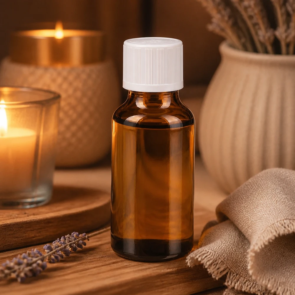 Apothekenflasche braun 20ml Tropfverschluss weiß Kindersicherung Standard Kompakte 20ml Tropfflasche Braunglas mit weißem Verschluss neben Lavendelzweigen und Kerzen