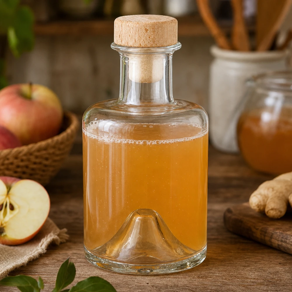 200ml Glasflasche "Sofia" mit Holzgriff-Korken UNiTWIST 200ml Glasflasche Sofia mit Holzkorken gefüllt mit Apfelessig neben Apfel und Ingwer in natürlicher Küchenszene