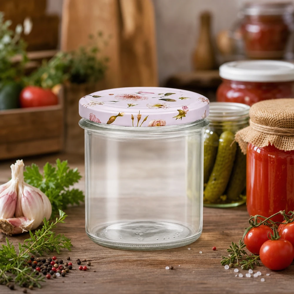 350ml Sturzglas + BasicSeal Deckel Blume rosa UNiTWIST Sturzglas 350ml mit Blumendeckel rosa in Küche neben eingelegten Gurken Tomatenkonserven und frischen Kräutern