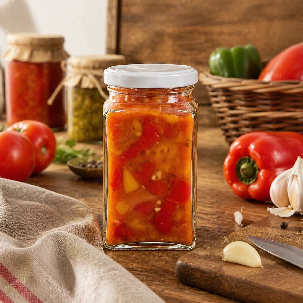 260ml Tetraglas mit BasicSeal Deckel weiß UNiTWIST 260ml Tetraglas BasicSeal mit Gemüseaufstrich gefüllt neben Paprika Tomaten und Knoblauch rustikale Küche Einmachen