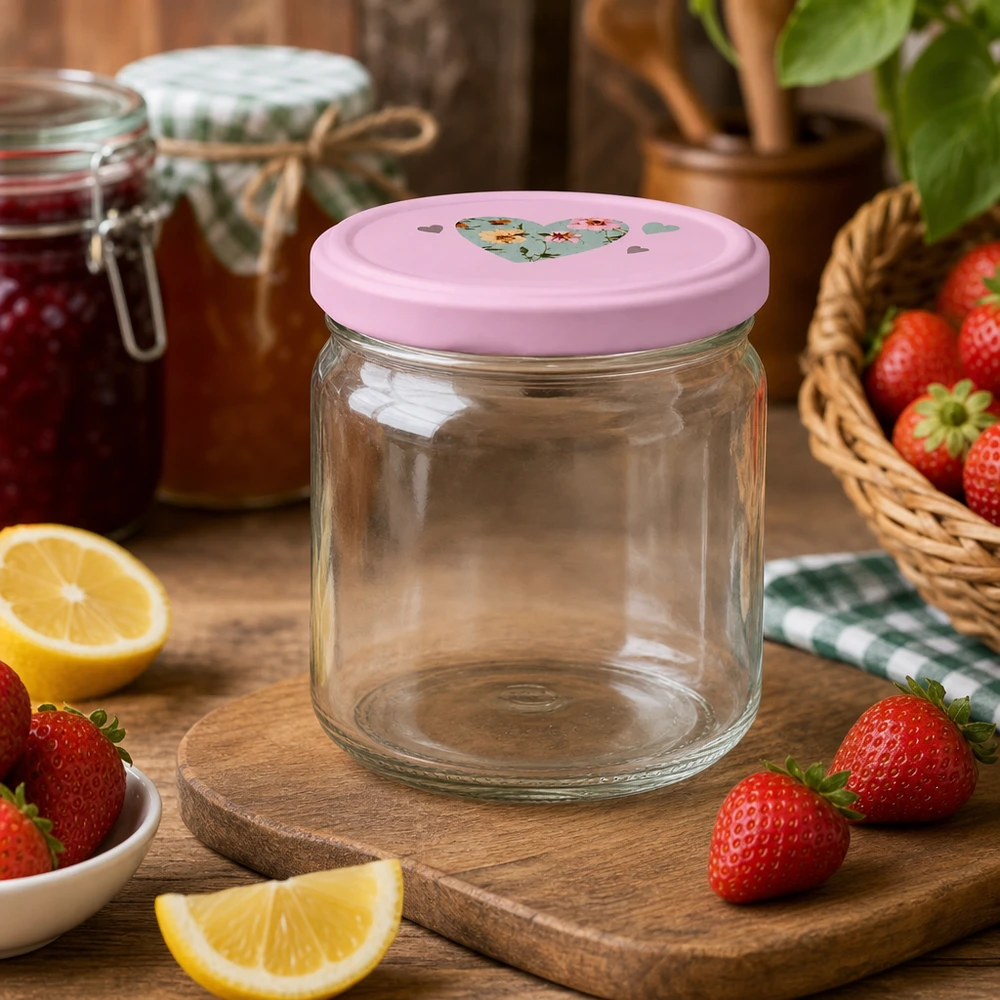 408ml Rundglas mit rosa BasicSeal Herz-Deckel umgeben von frischen Erdbeeren und Zitronen für Marmelade