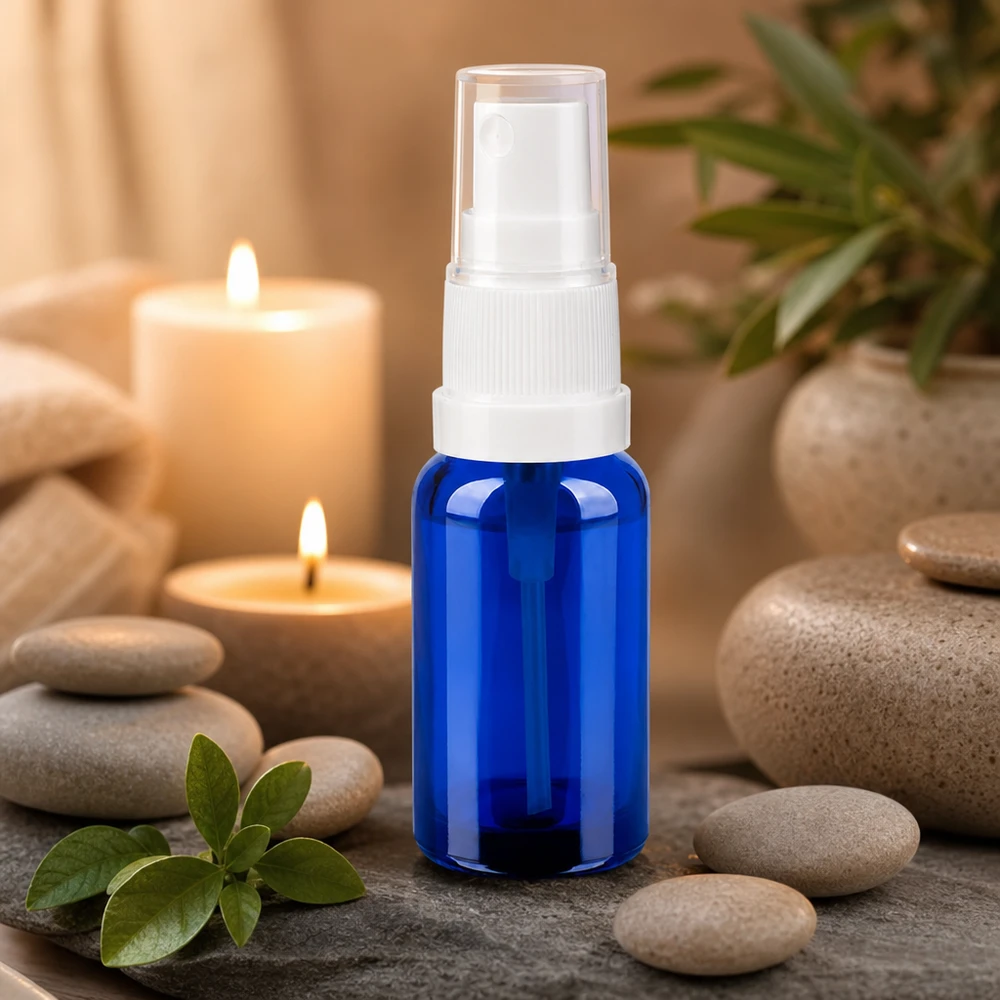 Hochwertige 20ml Sprühflasche aus blauem Glas mit feinem Sprühnebel für Beauty-Routine