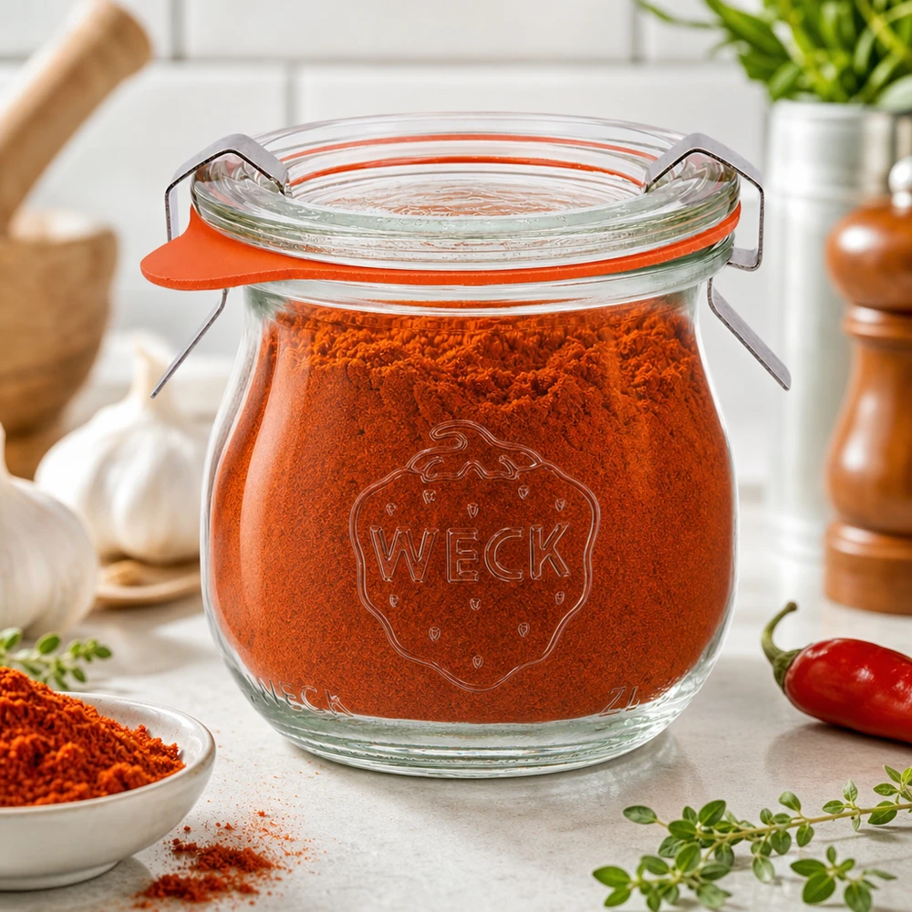 75ml Tulpenglas komplett WECK RR40 WECK Tulpenglas 75ml RR40 mit Paprikapulver befüllt in mediterraner Gewürzküche mit frischen Kräutern und Chili