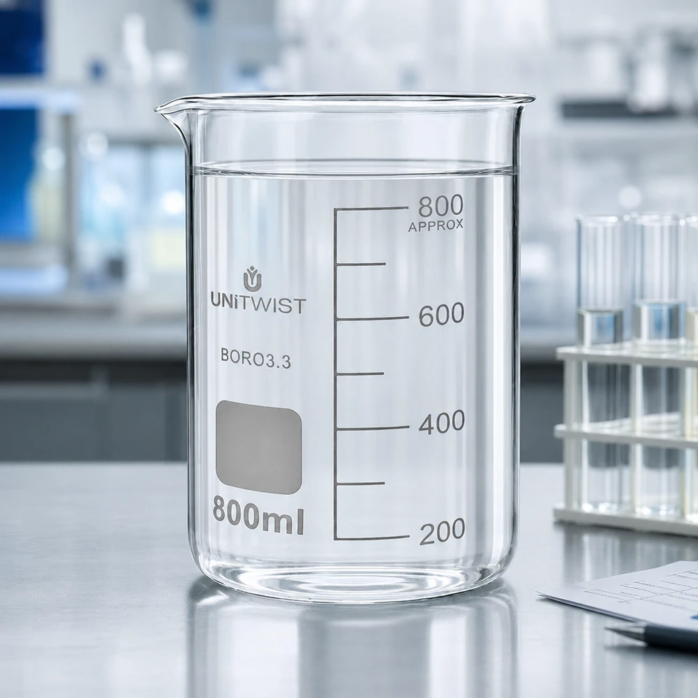 Becherglas 800ml Borosilikat, hohe Form UNiTWIST Professionelles Becherglas 800ml hohe Form UNITWIST Borosilikat mit klarem Wasser befüllt