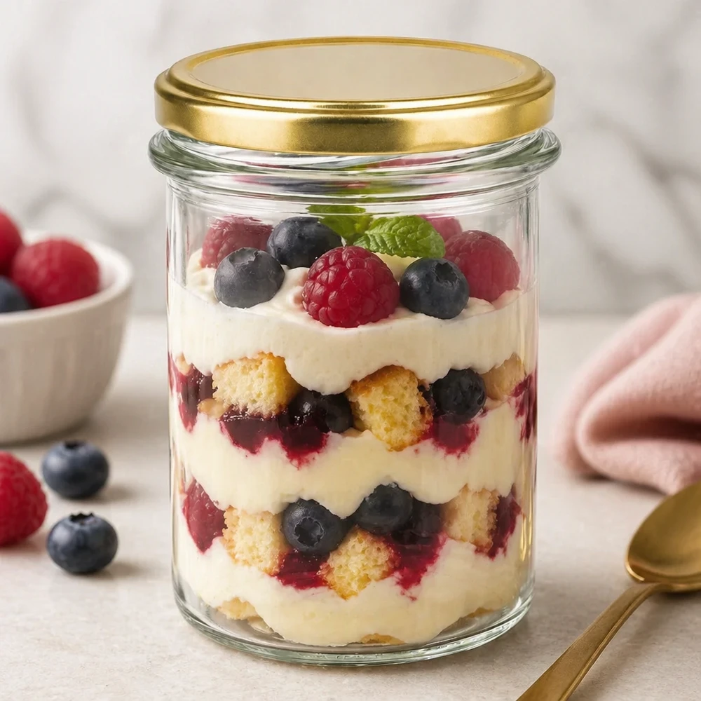 230ml Sturzglas mit BasicSeal Deckel gold UNiTWIST 230ml Sturzglas BasicSeal Deckel gold UNiTWIST gefüllt mit Schichtdessert Beeren Creme als Dessertglas