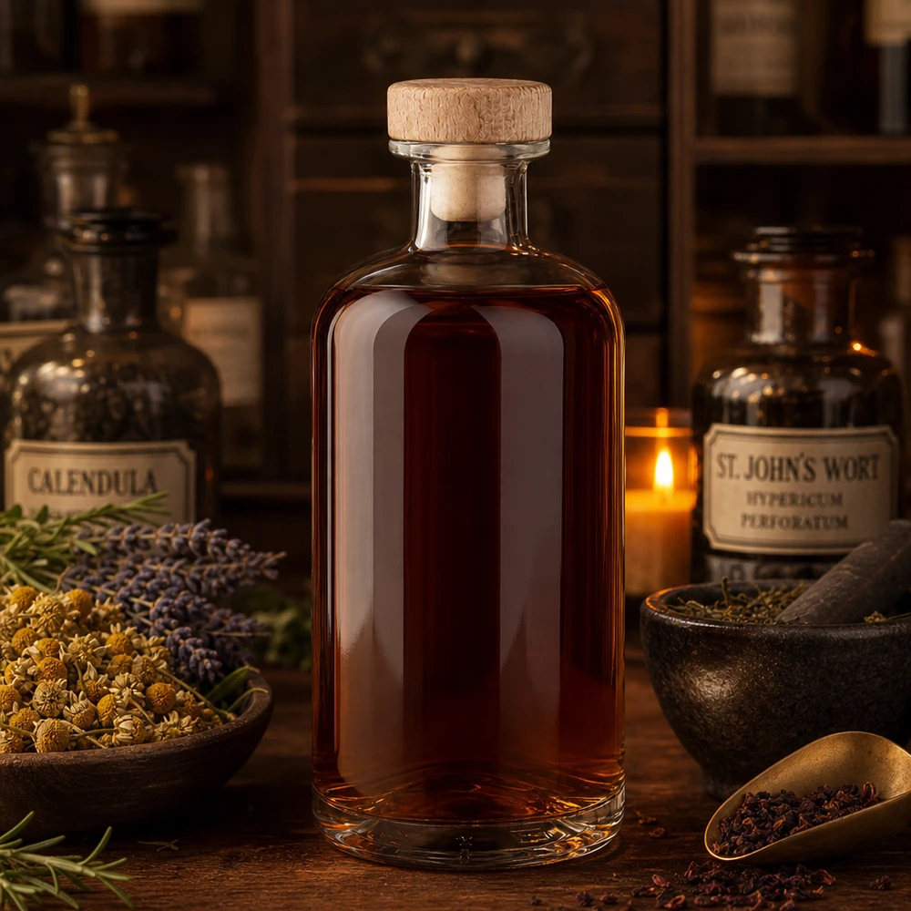500ml Glasflasche Flora mit Holzkorken braune Tinktur zwischen Kräutern Calendula St Johnswort Apotheker Ambiente