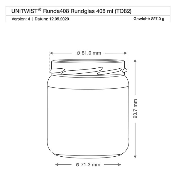 408ml Rundglas ohne Deckel (TO82) UNiTWIST UNiTWIST Runda408 Rundglas 408ml TO82 technische Zeichnung mit Maßangaben Durchmesser 81mm Höhe 93,7mm Gewicht 227g