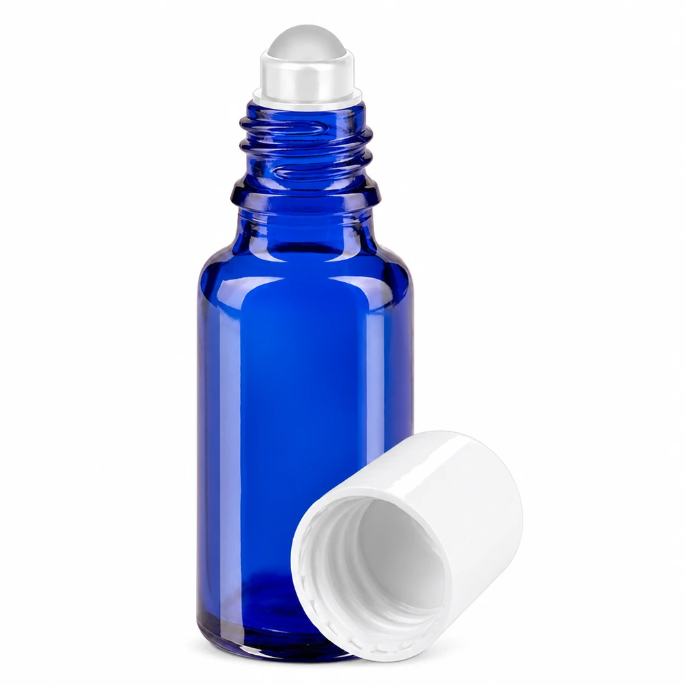 Roll-On Flasche 20ml aus hochwertigem blauem Apothekenglas mit weißem Kunststoffdeckel