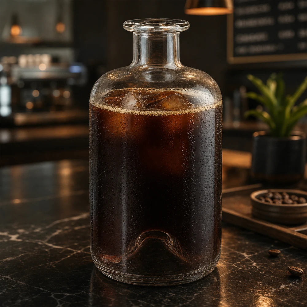 Apothekerflasche Luna 500ml mit Cold Brew Kaffee gefüllt auf Marmortisch in moderner Café-Atmosphäre