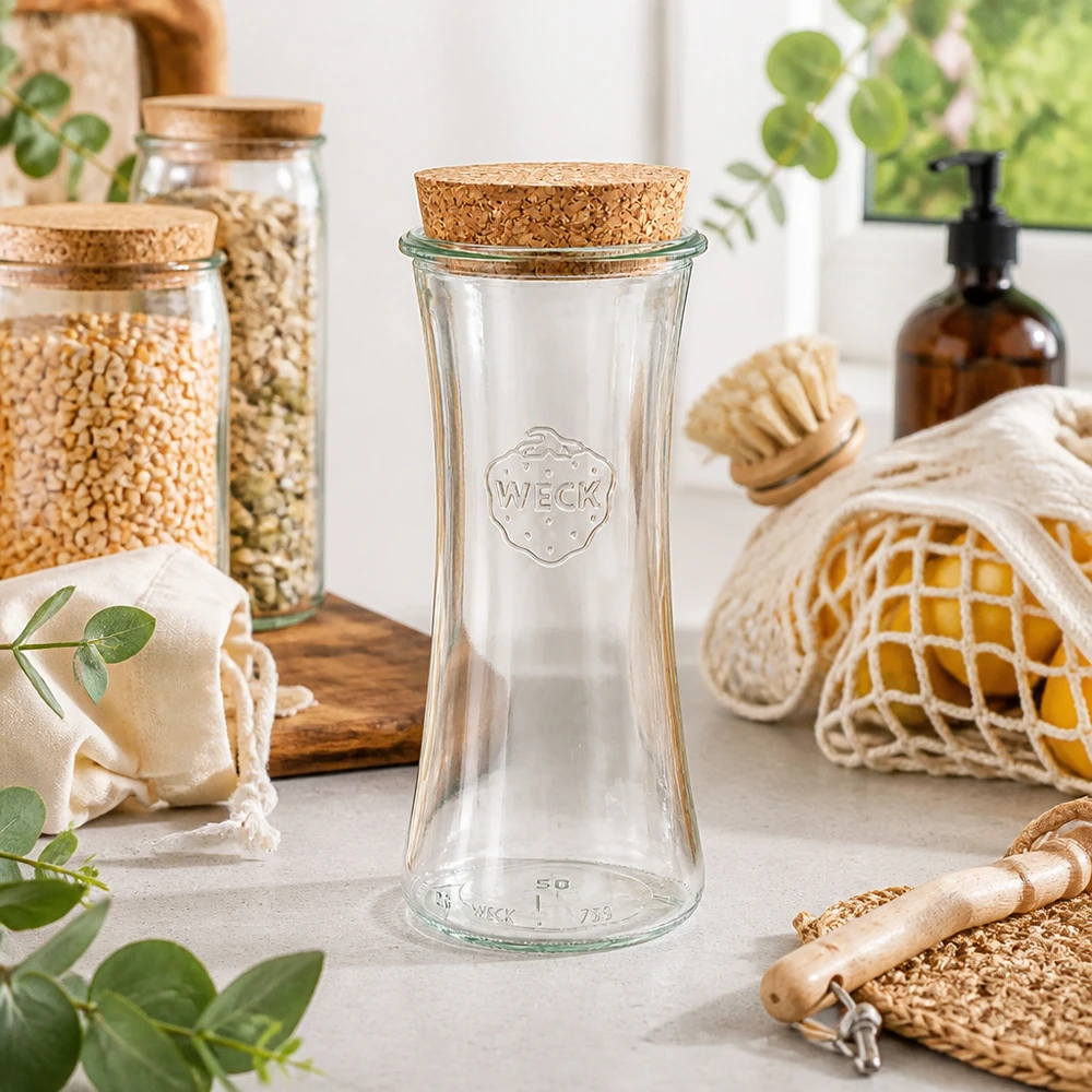WECK RR80 Delikatessenglas 700ml leer mit Korkdeckel in nachhaltiger Zero-Waste Küche zwischen Vorratsgläsern
