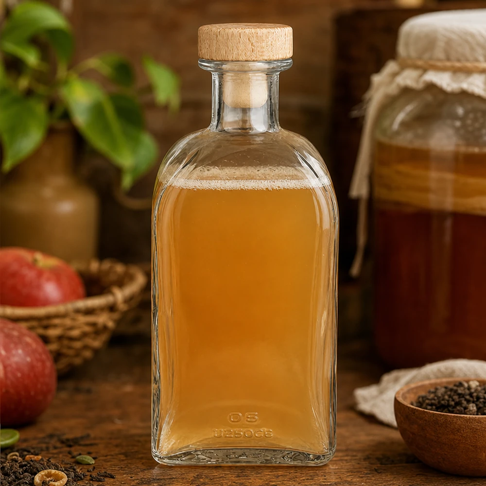 500ml Glasflasche "Julia" mit Holzgriff-Korken UNiTWIST 500ml Glasflasche Julia mit Holzkorken gefüllt mit Apfelsaft zwischen Äpfeln und Gewürzen auf Küchentheke