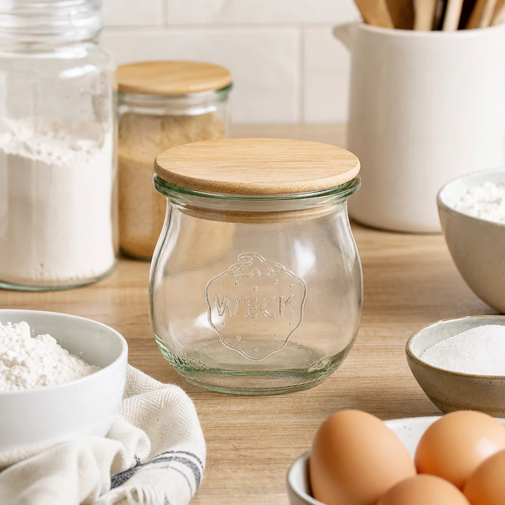 WECK Tulpenglas RR40 75ml mit Bambusdeckel in moderner Küche umgeben von Eiern Mehl und Küchenutensilien
