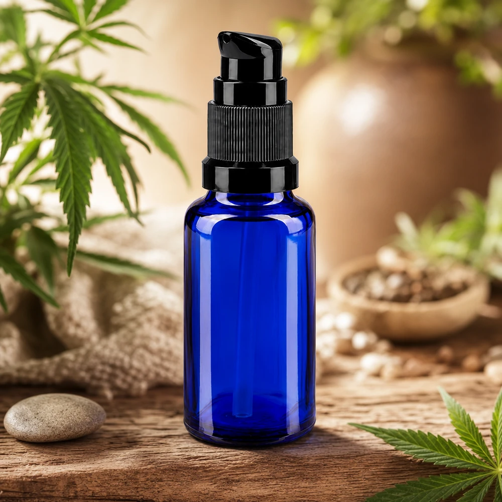 Apothekenflasche blau 20ml PumpVerschluss schwarz Standard Blaue ApoGlas Pumpflasche 20ml in natürlicher Umgebung mit Hanfblättern und Samen