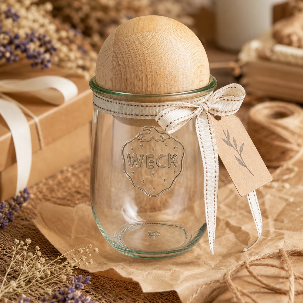 1062ml Tulpenglas WECK RR100 mit Holzkugel Buche WECK Vorratsglas RR100 1062ml mit Buchenkugel-Deckel in natürlicher Landhaus-Dekoration mit Lavendel und Holzband
