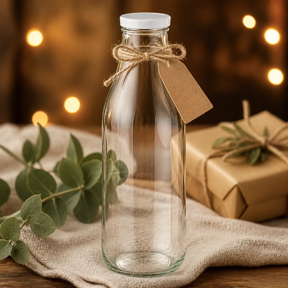1000ml Glasflasche + BasicSeal Deckel weiß UNiTWIST 1000ml Glasflasche BasicSeal Deckel weiß Geschenkverpackung Jutesack Eucalyptus Deko warmes Licht rustikale Präsentation