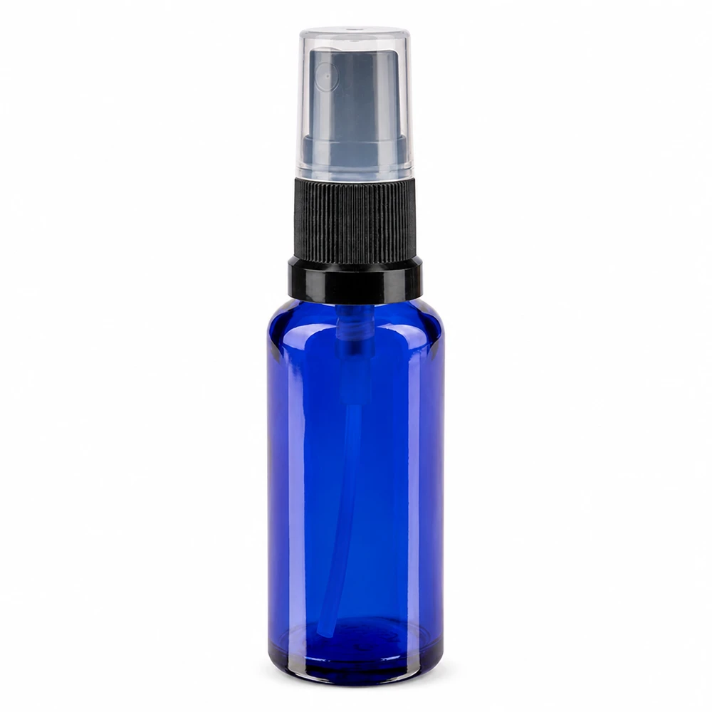Blaue 30ml Glasflasche mit Feinsprüher schwarz transparent ideal für Kosmetik und Pharmazie