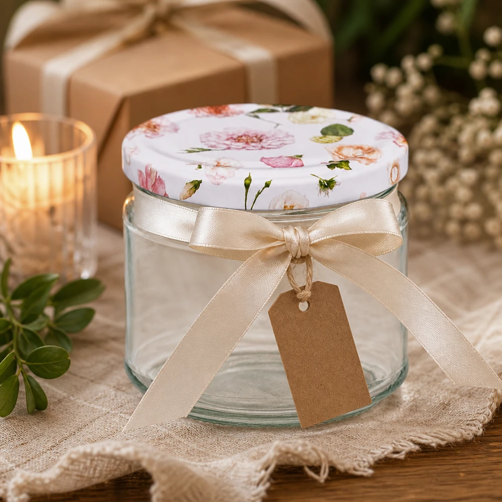 330ml Rundglas + BasicSeal Deckel Blume rosa UNiTWIST 330ml Rundglas BasicSeal Deckel rosa Blumen als Geschenk mit Schleife und Anhänger Dekoration Einmachglas