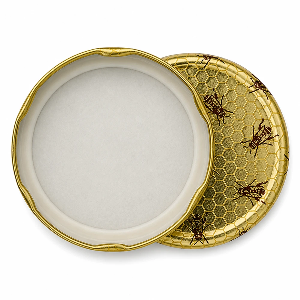 230ml Sturzglas + BasicSeal Deckel Bienenwabe UNiTWIST Geöffnetes 230ml Sturzglas mit abnehmbarem goldenen Bienenwaben-Deckel zeigt Innenansicht und Verschlussmechanismus