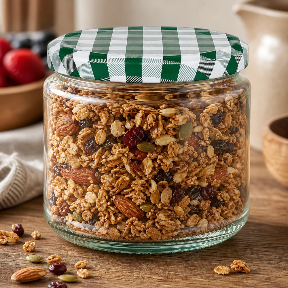 Rundglas 330ml gefüllt mit Müsli und Nüssen, grün-weißer BasicSeal Deckel, perfekt für Vorratshaltung in der Küche