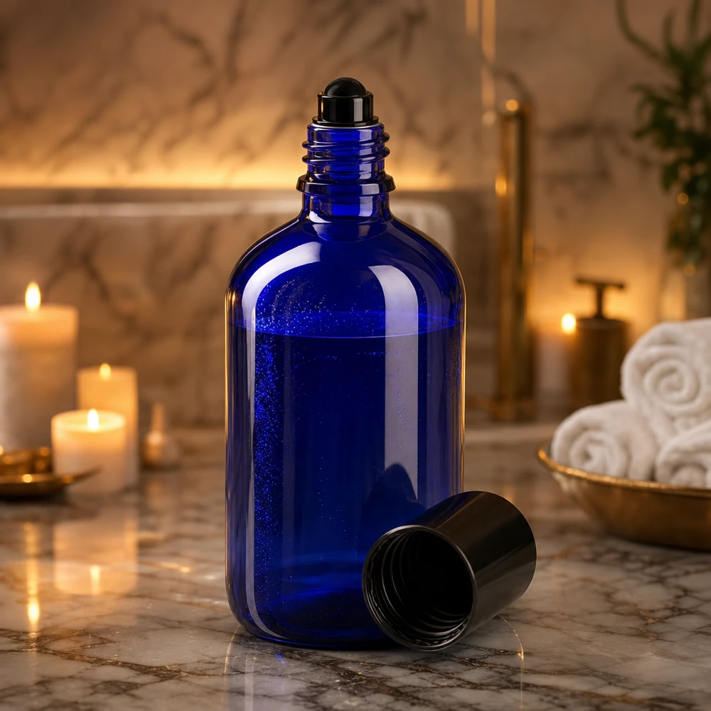 Blaue 100ml Apothekerflasche mit schwarzem Roll-On und Deckel in elegantem Badezimmer