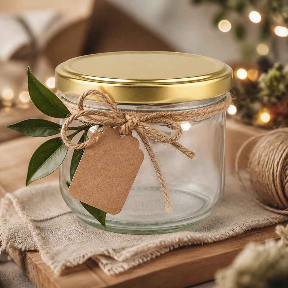 260ml Sturzglas mit BasicSeal Deckel gold UNiTWIST 260ml Sturzglas BasicSeal Deckel gold UNiTWIST weihnachtlich dekoriert mit Bastband und Geschenkanhänger